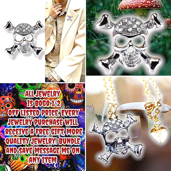 Silver plated crystal skull and crossbone necklace/brooch with gold chain - Picture 1 of 16